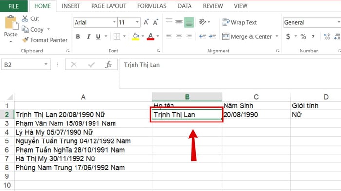 Tách chữ trong Excel: Bước 2