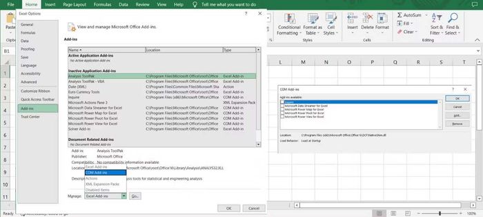 Kiểm tra add-in trong Excel.