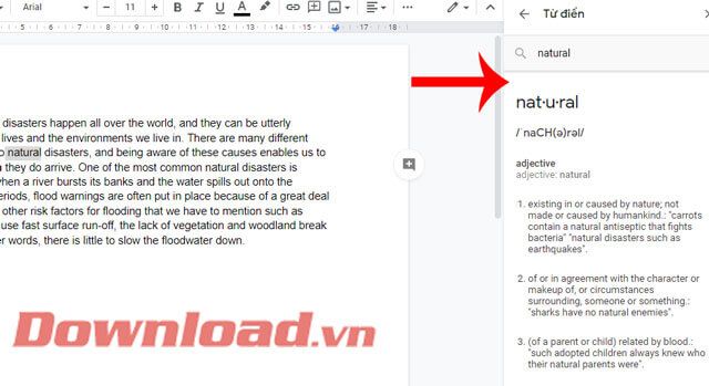 Cửa sổ từ điển trên Google Docs