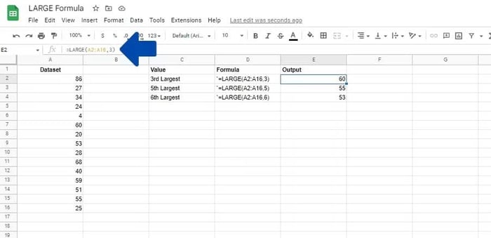 Cách thực hiện hàm LARGE trong Google Sheets