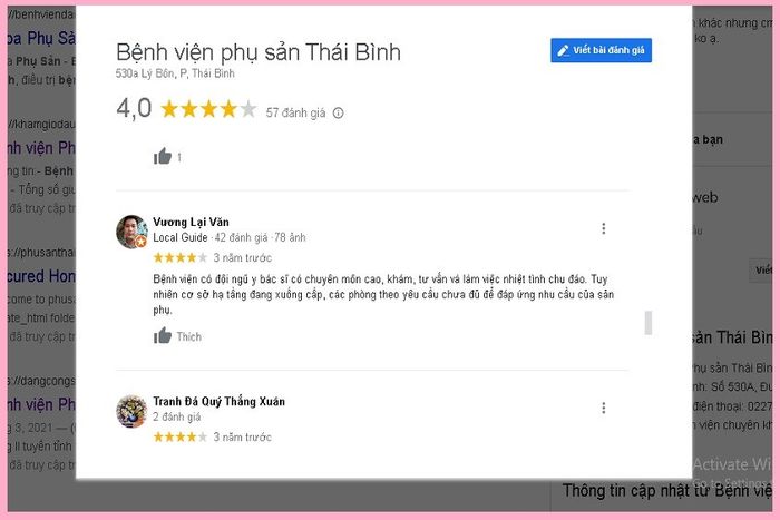 Đánh giá về dịch vụ sinh tại Bệnh viện Phụ sản tỉnh Thái Bình