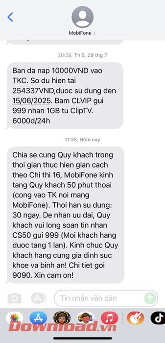 Thông báo nhận phút gọi miễn phí qua tin nhắn