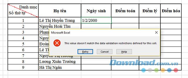 Nếu giá trị nhập vào bảng tính không nằm trong phạm vi cài đặt, sẽ hiển thị thông báo lỗi.