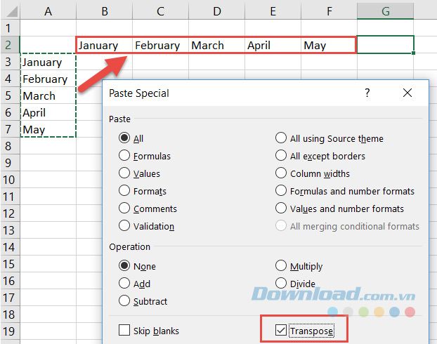 Chuyển hàng thành cột trên Microsoft Excel