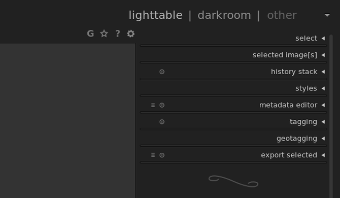 Bảng điều khiển của Darktable