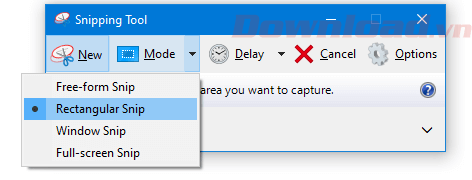 Lựa chọn trong phần Mode của Snipping Tool