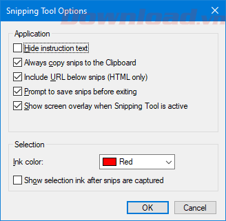 Mục Tùy chọn trong Snipping Tool