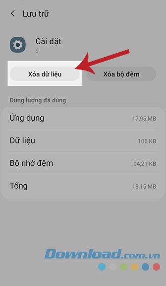 Bấm Xoá dữ liệu 