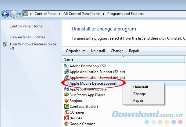Gỡ bỏ Apple Mobile Device Support