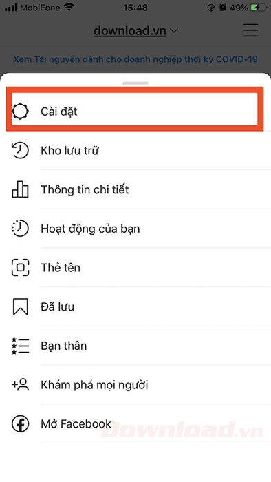 Trên Instagram, chọn Cài đặt