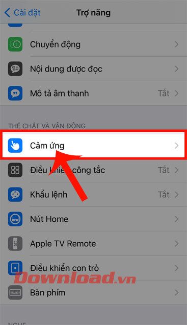 Chạm vào mục Cảm ứng