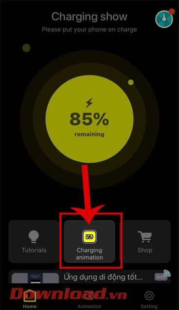 Nhấn vào mục Charging Animation