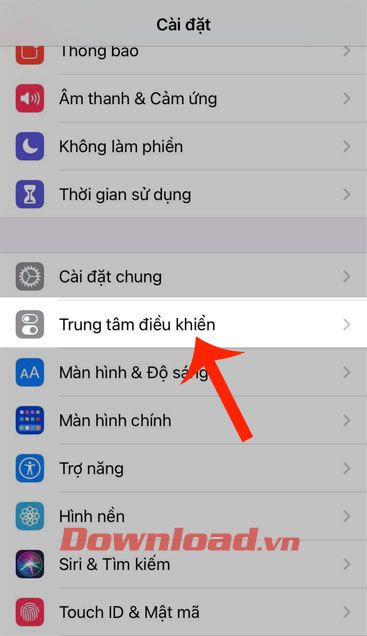 Chọn mục Trung tâm điều khiển