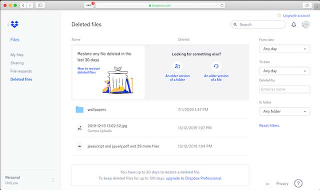 Để khôi phục ảnh đã xóa, bạn cần đăng nhập vào Dropbox trên máy tính để bàn.