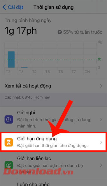 Chạm vào mục Giới hạn ứng dụng 