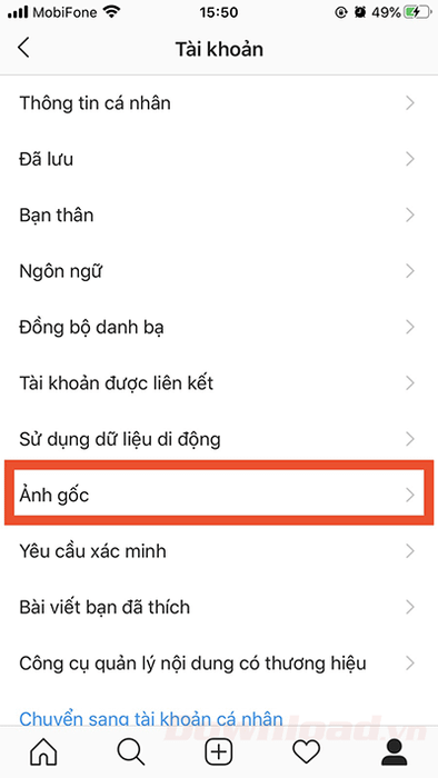 Chọn mục Ảnh gốc