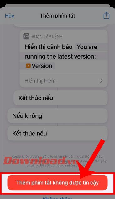 Nhấn vào nút Thêm phím tắt không đáng tin cậy