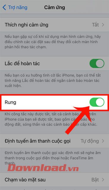 Di chuyển công tắc ở mục Rung