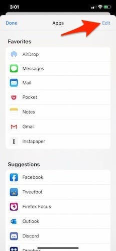 Nhấn Edit để tùy chỉnh thanh chia sẻ ứng dụng trên iOS 13
