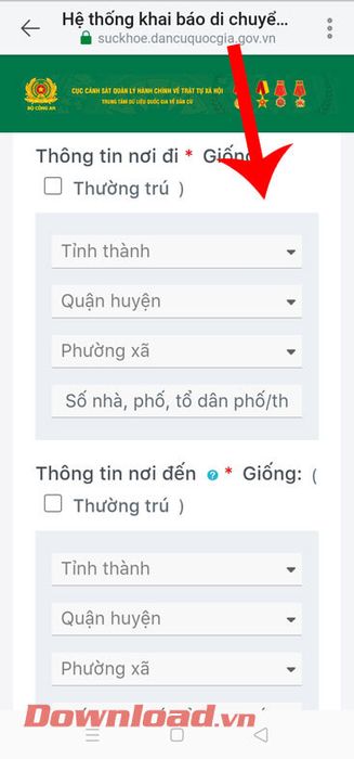 Nhập thông tin về nơi đi và nơi đến