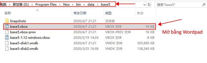 Mở tệp cơ sở NoxPlayer bằng WordPad