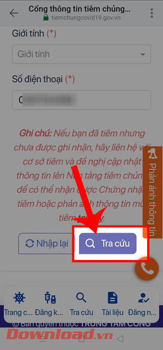 Chạm vào nút Tra cứu