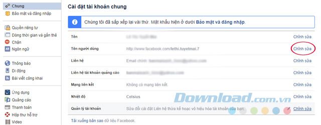 Chỉnh sửa URL tài khoản