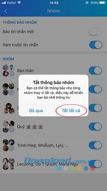 Vô hiệu hóa tất cả thông báo tin nhắn từ các nhóm