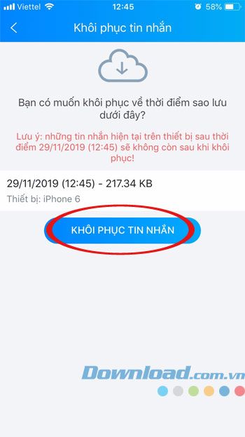 Khôi phục tin nhắn trên Zalo