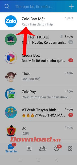 Nhấn vào phần tin nhắn bảo mật của Zalo