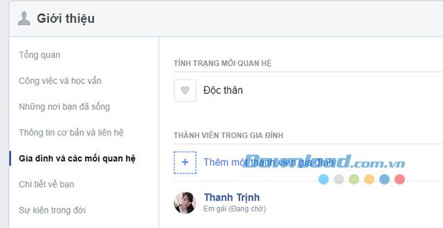 Thay đổi quan hệ gia đình trên Facebook