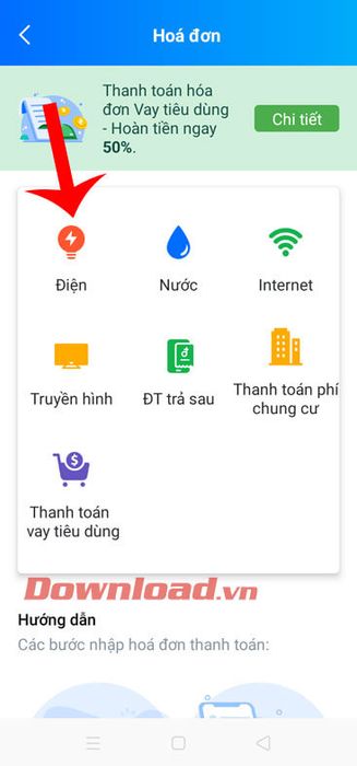 Chọn loại hóa đơn cần thanh toán