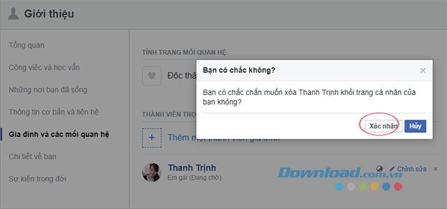 Xác nhận sự thay đổi về mối quan hệ trên Facebook