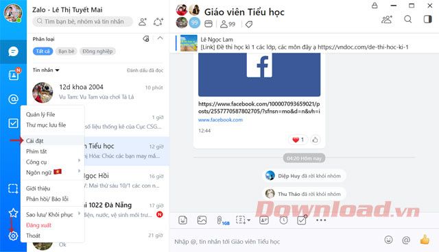 Chọn Cài đặt trên giao diện chính của Zalo