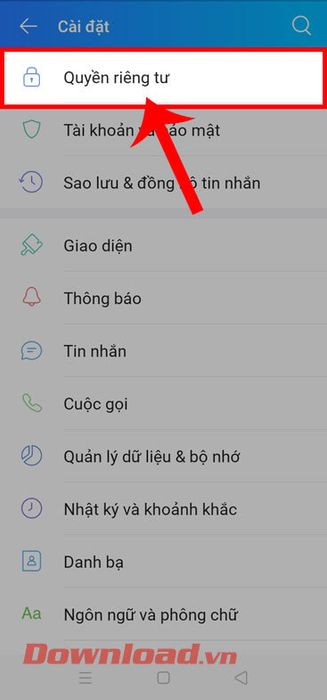 Bấm vào mục Quyền riêng tư