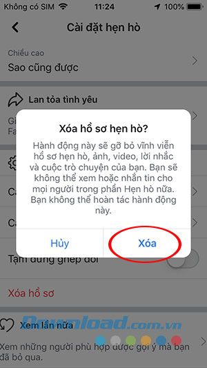 Xác nhận xóa đăng ký hẹn hò trên Facebook