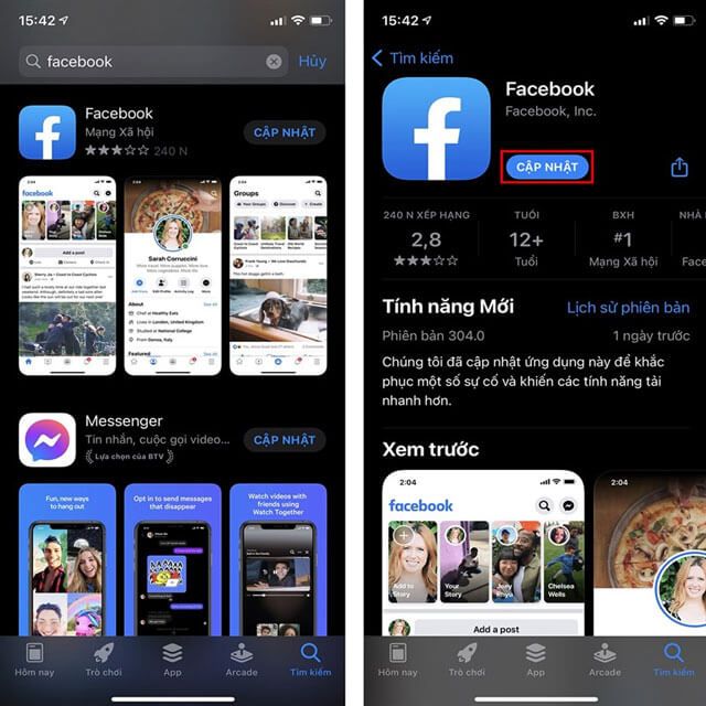 Cập nhật ứng dụng Facebook