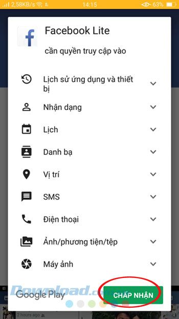 Đồng ý cài đặt Facebook Lite