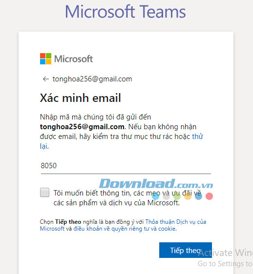 Truy cập email và lấy mã xác minh, nhập mã