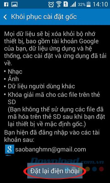 Đặt lại điện thoại