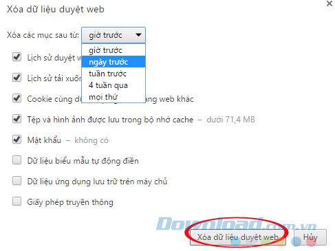 Thiết lập xóa dữ liệu duyệt web