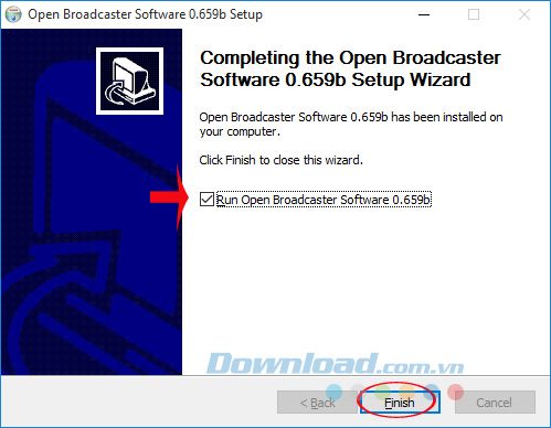 Kết thúc quá trình cài đặt Open Broadcaster