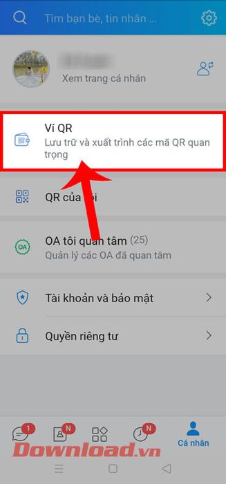 Chạm vào mục Ví QR