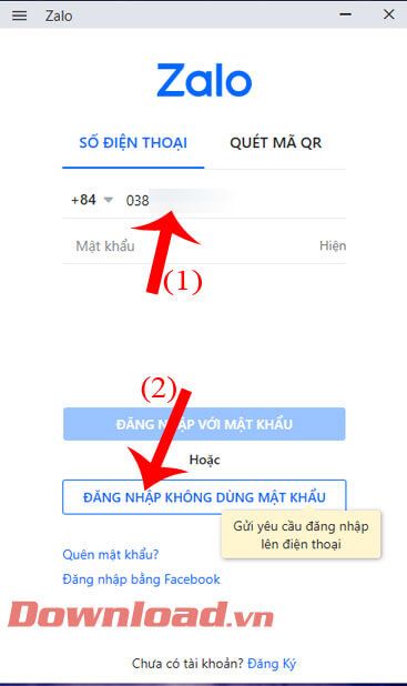 Nhập số điện thoại và nhấn Đăng nhập không sử dụng mật khẩu