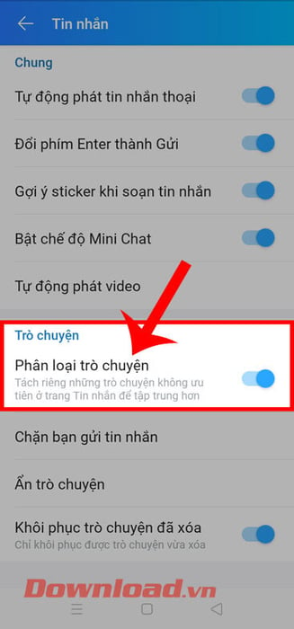 Di chuyển công tắc ở mục Phân loại tin nhắn