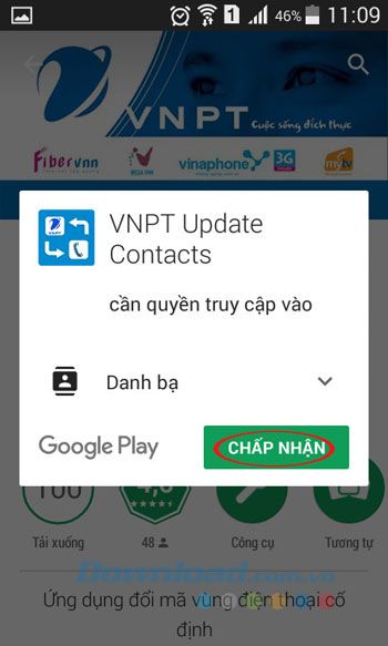 Đồng ý thực hiện việc cài đặt Ứng dụng Cập nhật Danh bạ VNPT