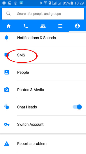 Chọn mục SMS