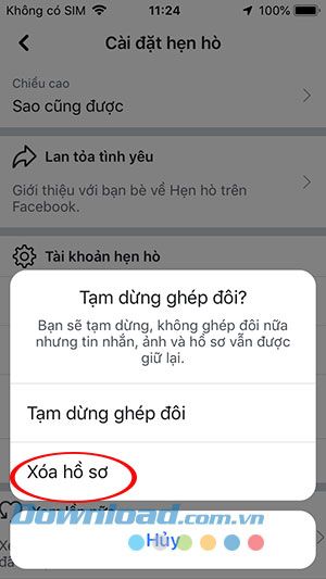 Chọn Xóa hồ sơ trên trang ghép đôi