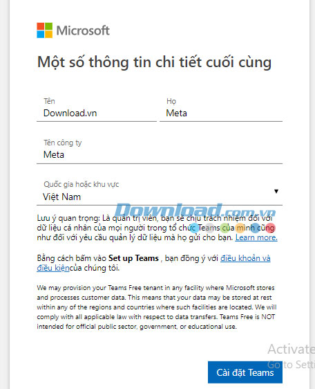 Nhập thông tin như Tên, Tên công ty, Quốc gia. Nhấn Cài đặt Teams