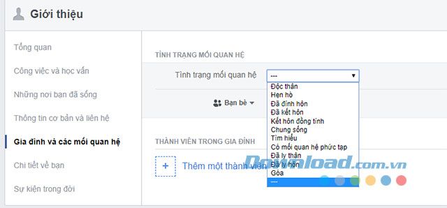 Tình hình quan hệ trên Facebook